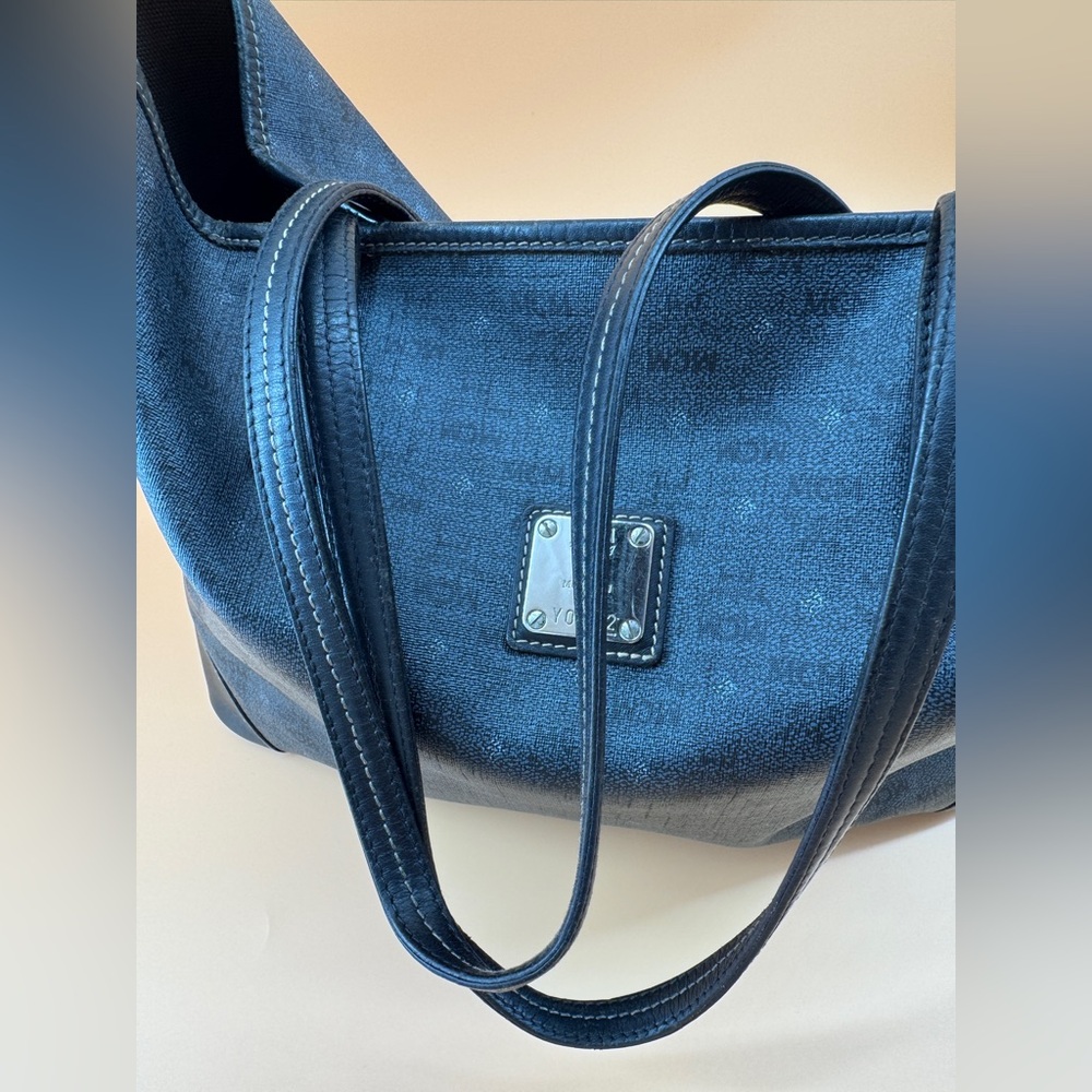MCM Navy Blue Black Visetos Coated Canvas and Leather Open Tote - Picture 16 of 16